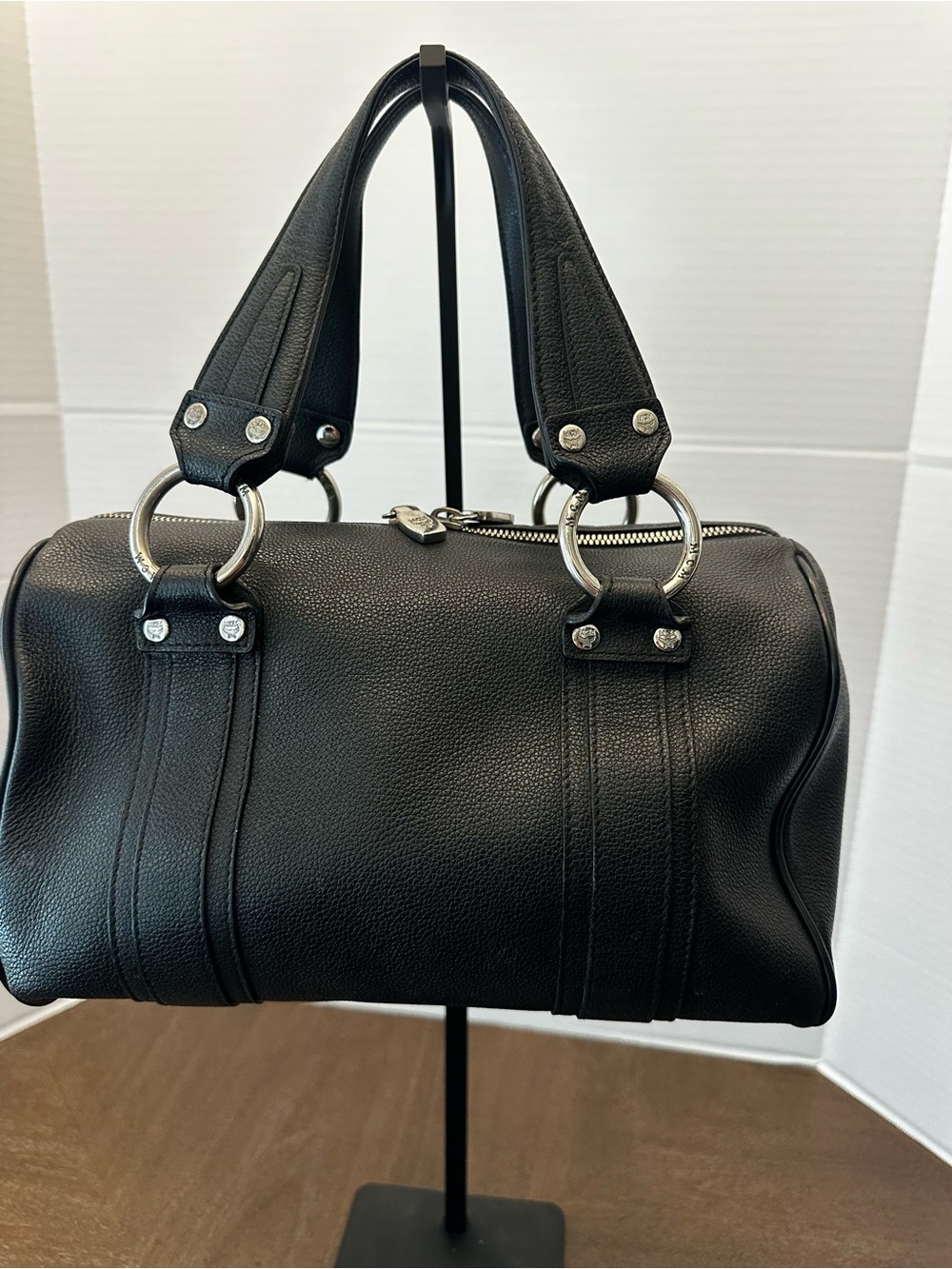 MCM Black Pebbled Leather Boston Bag with Silver Hardware - Picture 4 of 16